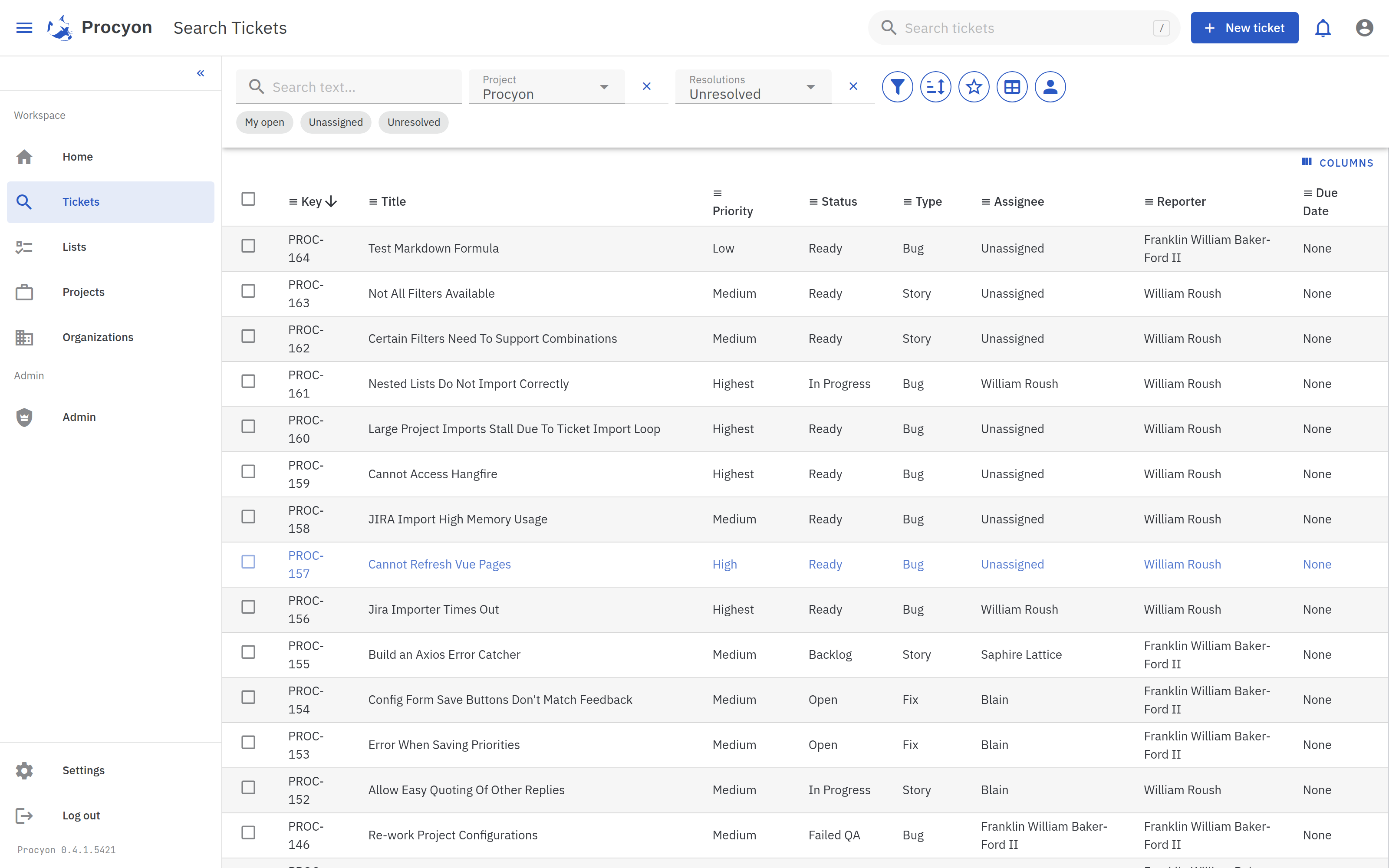 Procyon ticket search showing a filtered list of open tickets with priority, status, type, and assignee columns